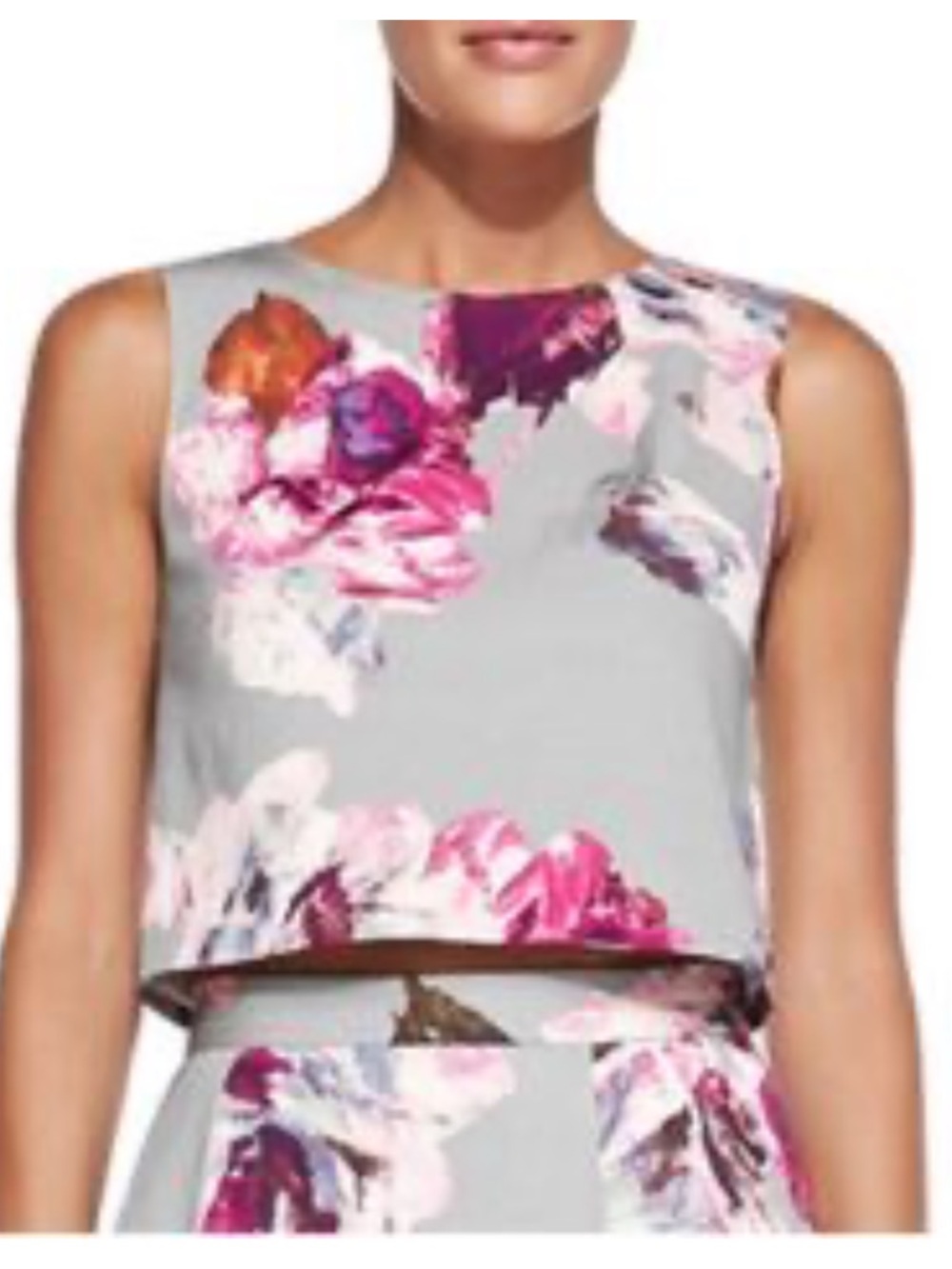 Trina Turk Cropped Floral Sleeveless Top Gray Purple Abstract Print Size 2 - Picture 3 of 5